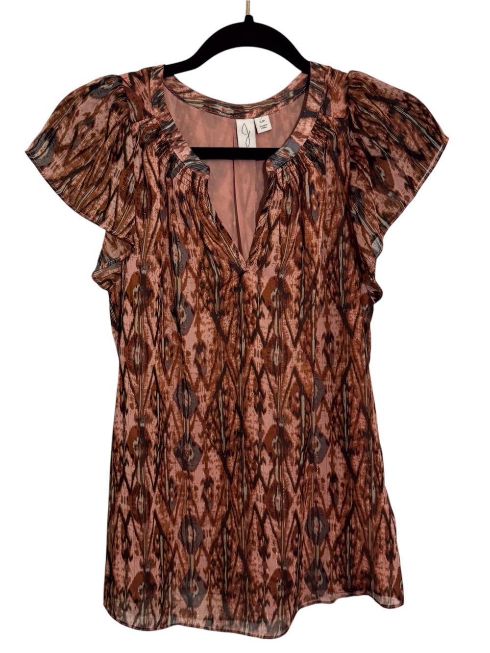 Joie Size Small Metallic Ikat Top Blouse Short Flutter Sleeve Multicolor V-Neck